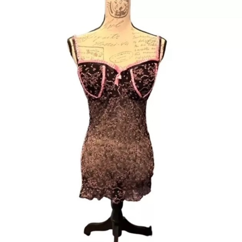 Rampage Corset Top Black Lace Pink Ribbon Floral Print Size 36C Cami‎ Lingerie